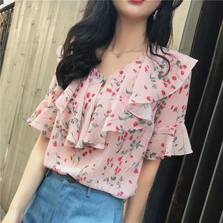 Floral Print Short Sleeve Ruffled Top