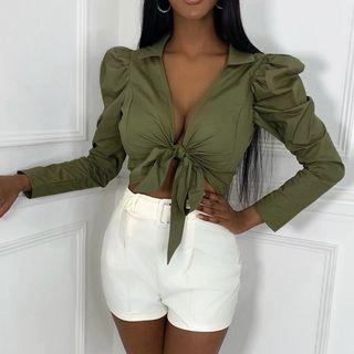 Puff Sleeve V-neck Tie-front Crop Shirt