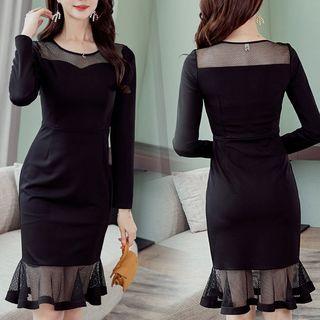 Sheer Pane Long-sleeve Sheath Dress