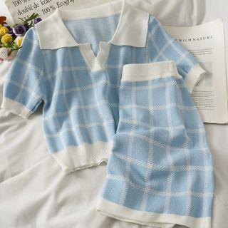 Set: Plaid Knit Polo Shirt + Mini Skirt