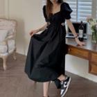 Short-sleeve Cut Out Midi A-line Dress Black - One Size