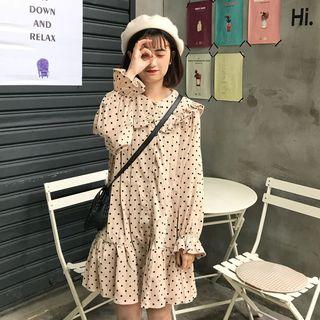 Long-sleeve Polka Dot Mini Shirtdress Almond - One Size