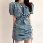 Puff-sleeve Denim Mini Bodycon Dress