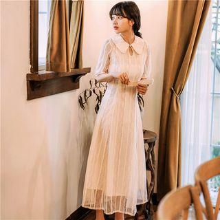 Elbow-sleeve Overlay A-line Midi Dress