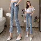 High-waist Rhinestone Boot-cut Cropped Jeans