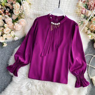 Faux-pearl Detail Satin Long-sleeve Blouse