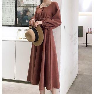 Balloon-sleeve Square Neck A-line Midi Dress