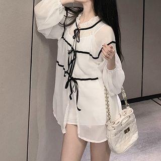 Set: Striped Lace Up Blouse + Camisole White - One Size