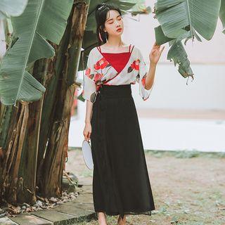 Camisole Top / Floral Sheer Top / A-line Midi Skirt / Set