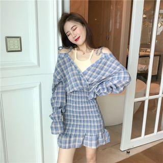 Mock Two-piece Long-sleeve Plaid Dress