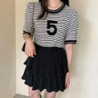 Short-sleeve Striped Knit Top / Layered Mini A-line Skirt
