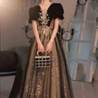 Short-sleeve Embellished Mesh Cocktail Dress