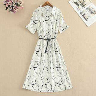 Set: Short-sleeve Print Midi Shirtdress + Belt