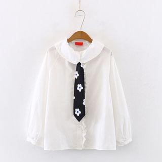 Blouse With Floral Print Neck Tie / Bear Embroidered With Plaid Shirt