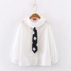 Blouse With Floral Print Neck Tie / Bear Embroidered With Plaid Shirt
