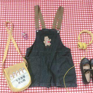 Bear Embroidered Denim Jumper Shorts Black - One Size