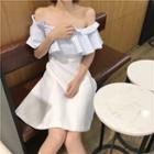 Short-sleeve Stripe Frilled Off-shoulder A-line Dress