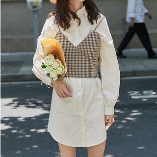 Set: Long-sleeve Mini Shirtdress + Plaid Camisole As Shown In Figure - One Size
