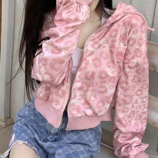 Long-sleeve Leopard Print Cropped Cardigan
