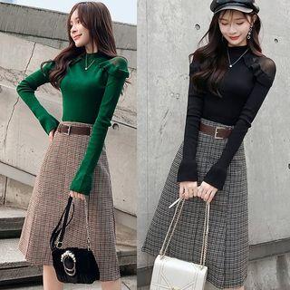 Set: Long-sleeve Mesh Panel Frilled Knit Top + Plaid A-line Skirt