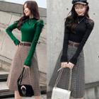 Set: Long-sleeve Mesh Panel Frilled Knit Top + Plaid A-line Skirt
