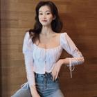 3/4-sleeve Lace-up Cropped Peplum Top