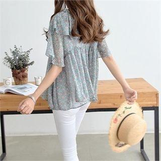 Short-sleeve Ruffled Floral Chiffon Top