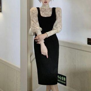 Mock-neck Puff-sleeve Lace Blouse / Midi Overall Dress