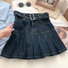 Belted Pleated Denim Mini Skirt