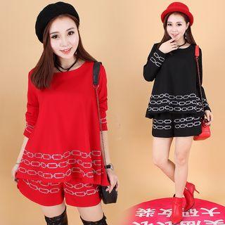 Set: Rhinestone Detailed Long Sleeve Top + Wide Leg Shorts