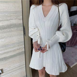 Lantern-sleeve Mini Knit Dress