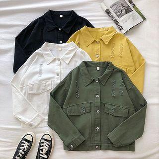 Plain Distressed Single-breasted Denim Long-sleeve Jacket