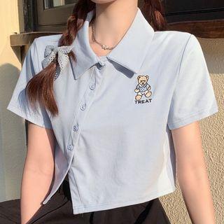 Short-sleeve Bear Embroidered Button-up Top