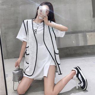 Short-sleeve Lettering T-shirt / Contrast Trim Open Vest