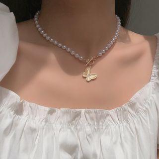 Butterfly Faux Cat Eye Stone Pendant Faux Pearl Choker 1 Pc - Necklace - Butterfly - White & Gold - One Size