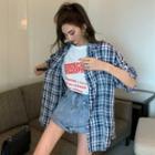 Short-sleeve Letter Print T-shirt / Long-sleeve Plaid Shirt / High-waist Denim Shorts