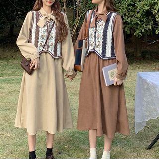 Bow-neck Midi A-line Dress / Embroidered Vest