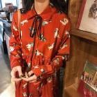 Print Long-sleeve Loose-fit Dress Red - One Size