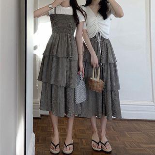 Plaid Spaghetti Strap Midi Dress / Midi Layered Skirt