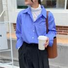 Long-sleeve Striped Shirt / Plain Knit Shawl