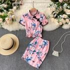 Set: Short-sleeve Flower Print Hanfu Blouse + Mini Pencil Skirt