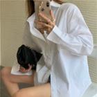 Long-sleeve Plain Loose-fit Shirt White - One Size