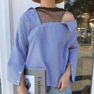 Mesh Panel Striped Cut Out Shoulder Shirt