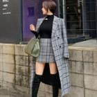 Turtleneck Cut Out Knit Top / Long Double-breasted Plaid Coat / Mini A-line Skirt / Set