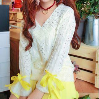 Bow Pointelle-knit Sweater Off-white - One Size