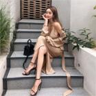 Set: Open-placket Wrap-front Top + Spaghetti-strap Slit-side Dress