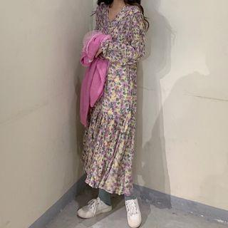 Floral Print Long-sleeve Midi A-line Dress Dress - One Size