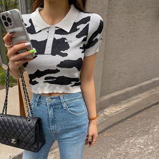 Cow Print Knit Crop Polo Shirt