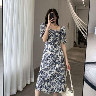 Short-sleeve Leaf Print Midi Sheath Dress