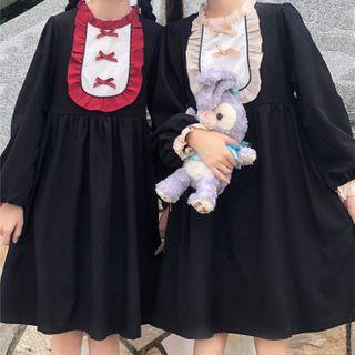 Long-sleeve Frill Trim Ribbon Detail A-line Dress